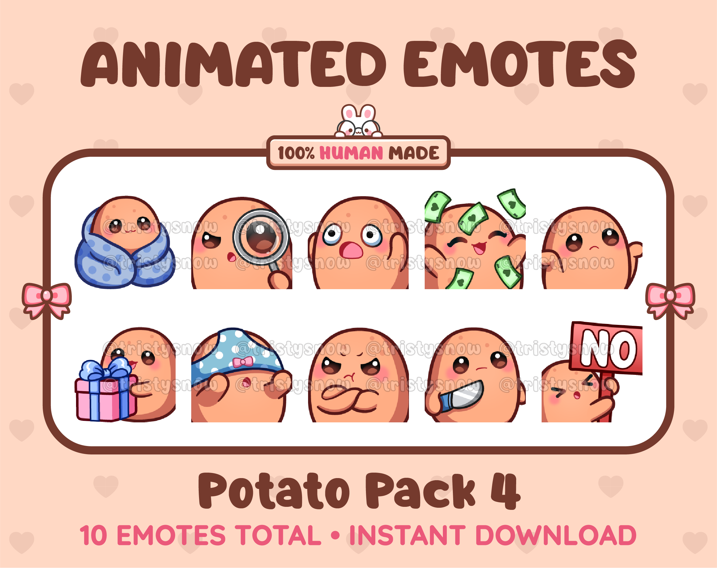 Potato animated Twitch emote pack featuring 10 emotes including cozy, sus, panic, and shrug.