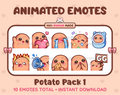 Potato animated Twitch emote pack featuring 10 emotes including GG, angry, cry, and hype.