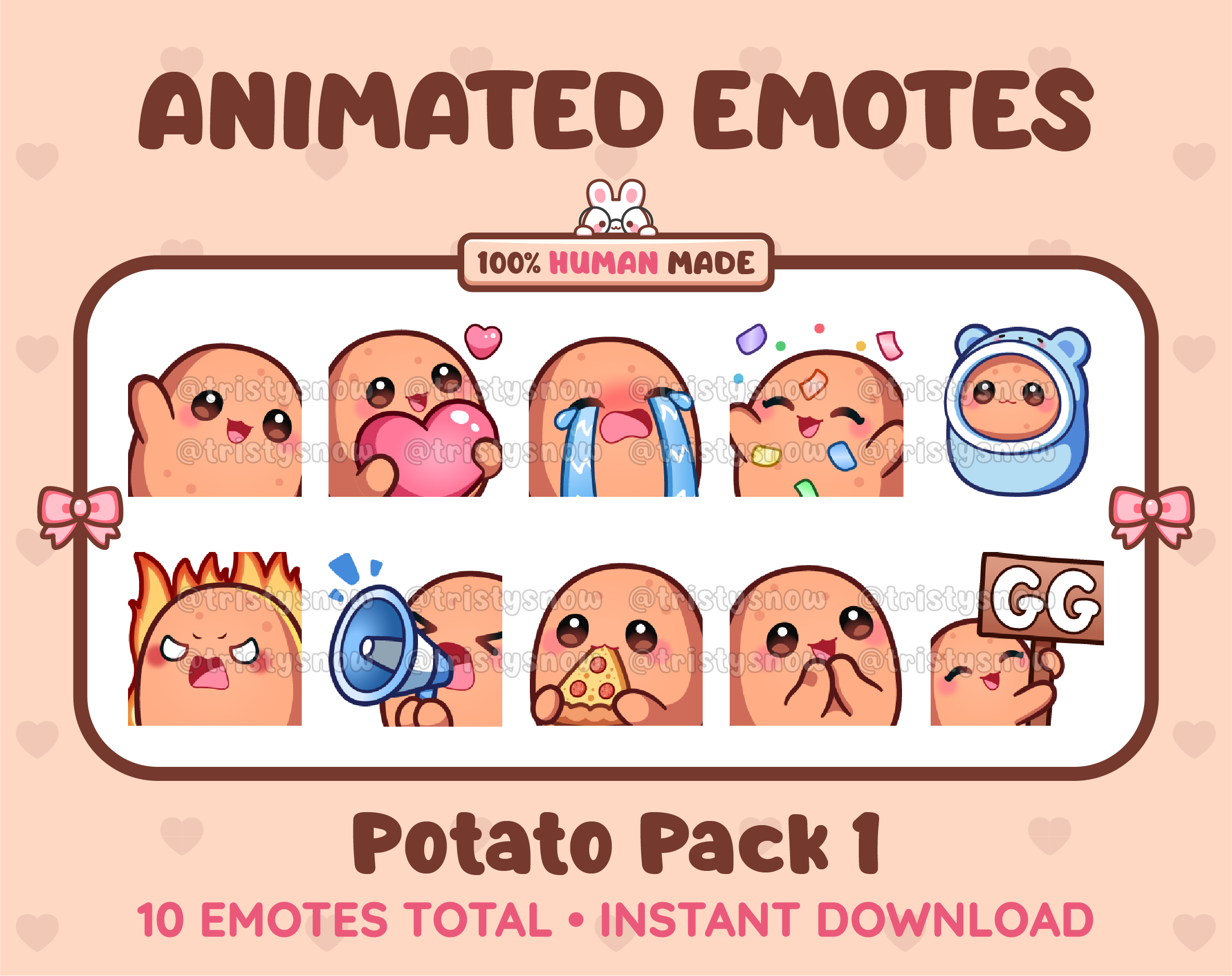 Potato animated Twitch emote pack featuring 10 emotes including GG, angry, cry, and hype.