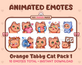 Orange Tabby Cat animated Twitch emote pack featuring 10 emotes including GG, angry, cry, and hype.