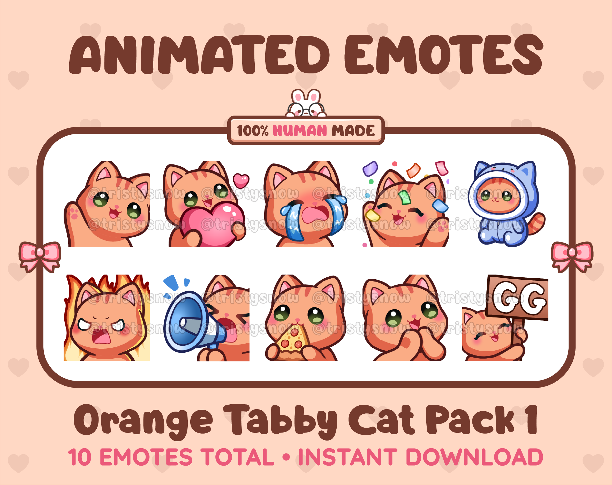 Orange Tabby Cat animated Twitch emote pack featuring 10 emotes including GG, angry, cry, and hype.