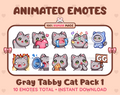 Gray Tabby Cat animated Twitch emote pack featuring 10 emotes including GG, angry, cry, and hype.