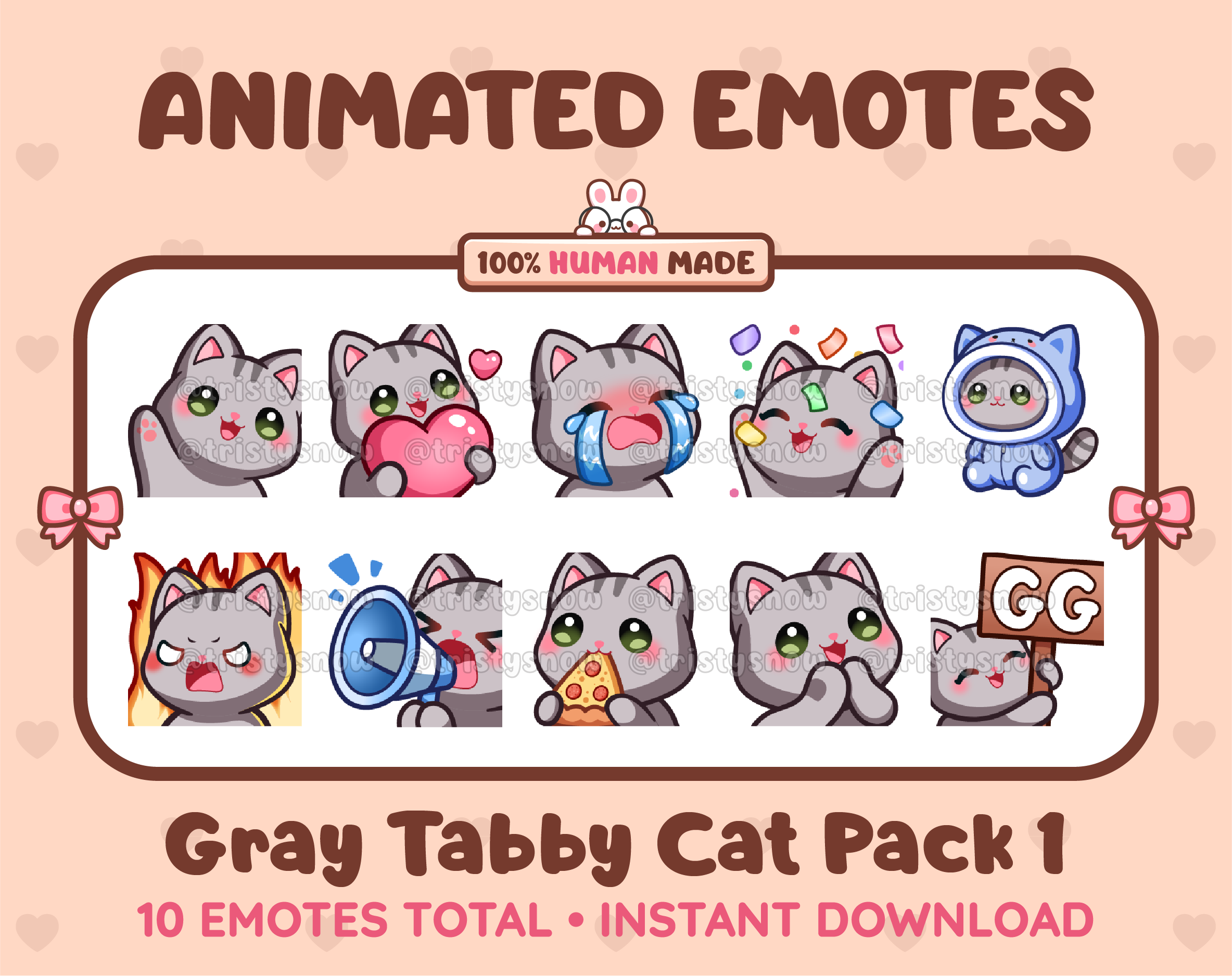 Gray Tabby Cat animated Twitch emote pack featuring 10 emotes including GG, angry, cry, and hype.