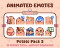 Potato animated Twitch emote pack featuring 10 emotes including hug, scared, bonk, and popcorn.