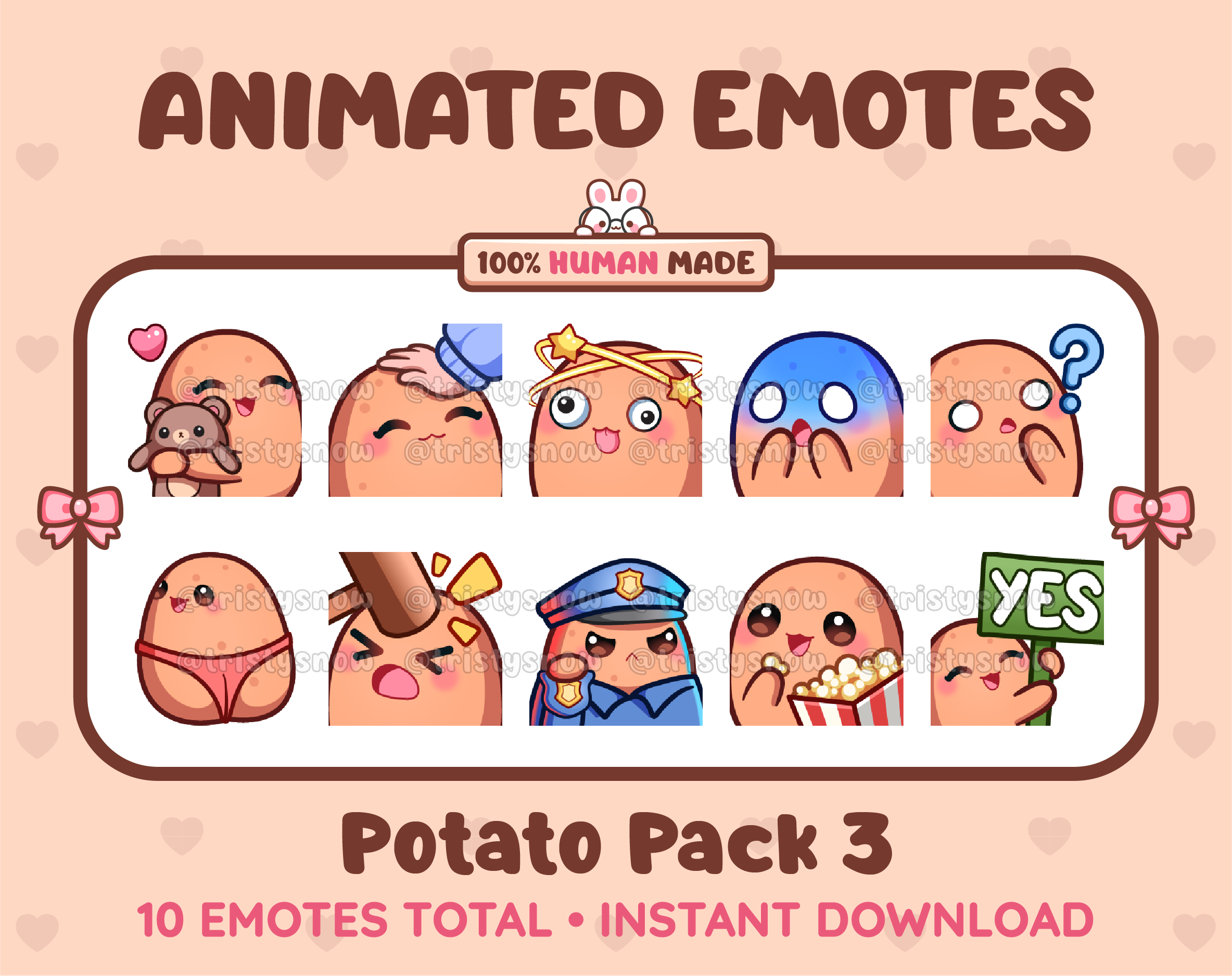 Potato animated Twitch emote pack featuring 10 emotes including hug, scared, bonk, and popcorn.