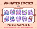 Purple Cat animated Twitch emote pack featuring 10 emotes including cozy, sus, panic, and shrug.