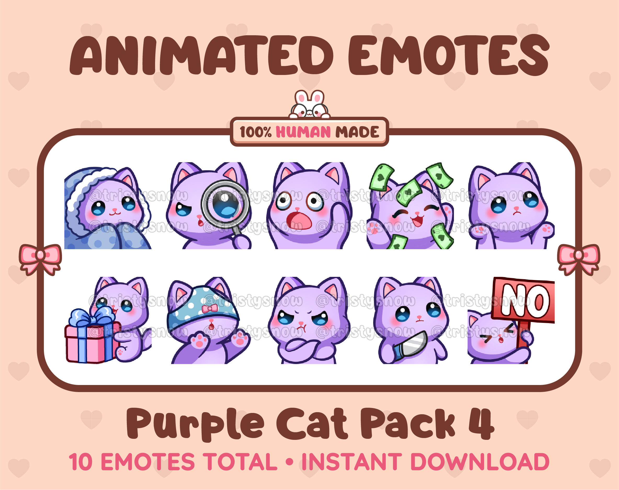 Purple Cat animated Twitch emote pack featuring 10 emotes including cozy, sus, panic, and shrug.