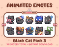 Black Cat animated Twitch emote pack featuring 10 emotes including hug, scared, bonk, and popcorn.