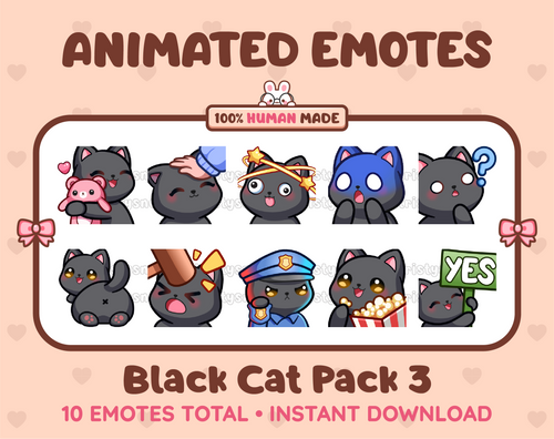 Black Cat animated Twitch emote pack featuring 10 emotes including hug, scared, bonk, and popcorn.