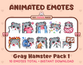 Gray Hamster animated Twitch emote pack featuring 10 emotes including GG, angry, cry, and hype.