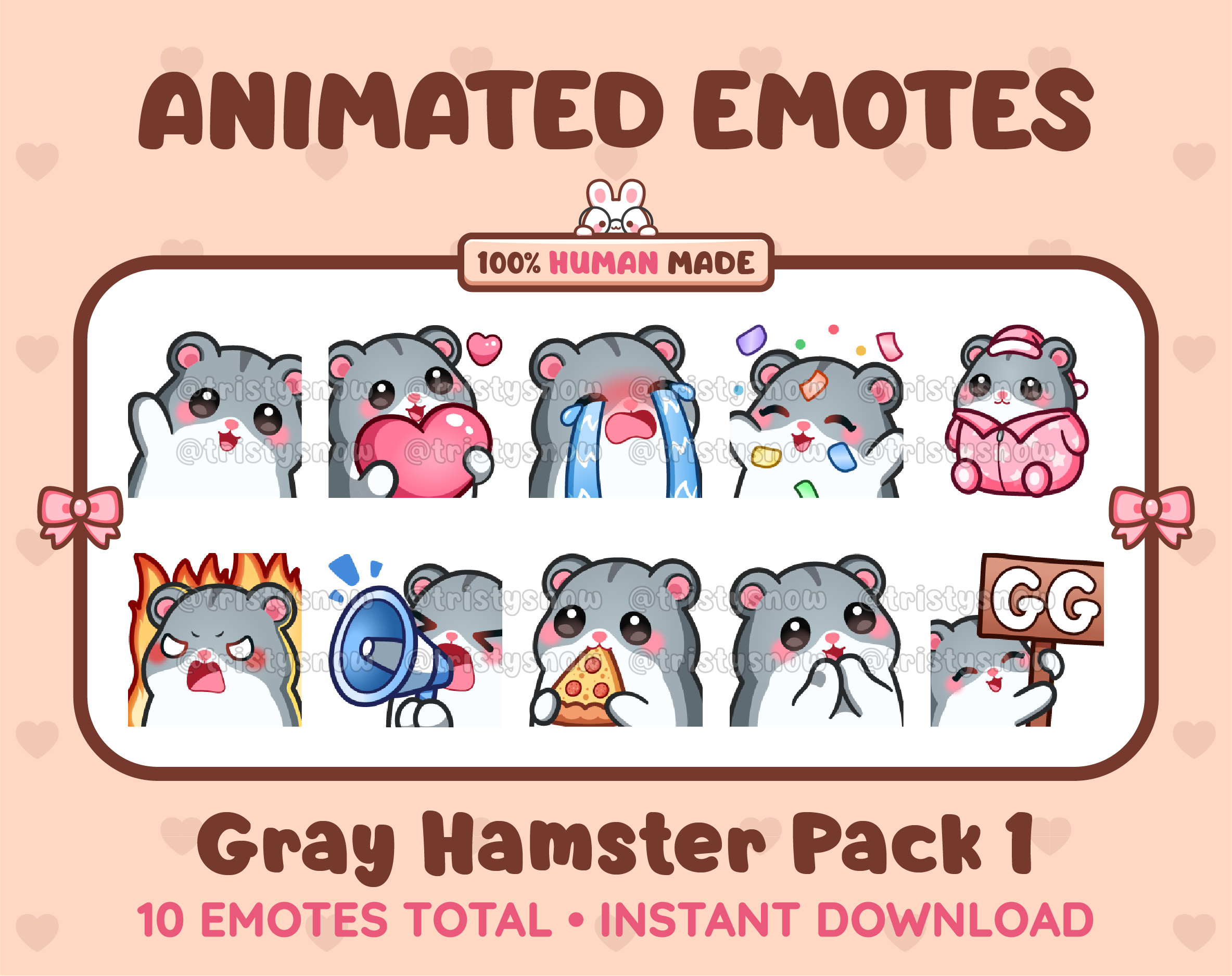 Gray Hamster animated Twitch emote pack featuring 10 emotes including GG, angry, cry, and hype.