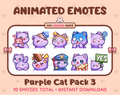 Purple Cat animated Twitch emote pack featuring 10 emotes including hug, scared, bonk, and popcorn.