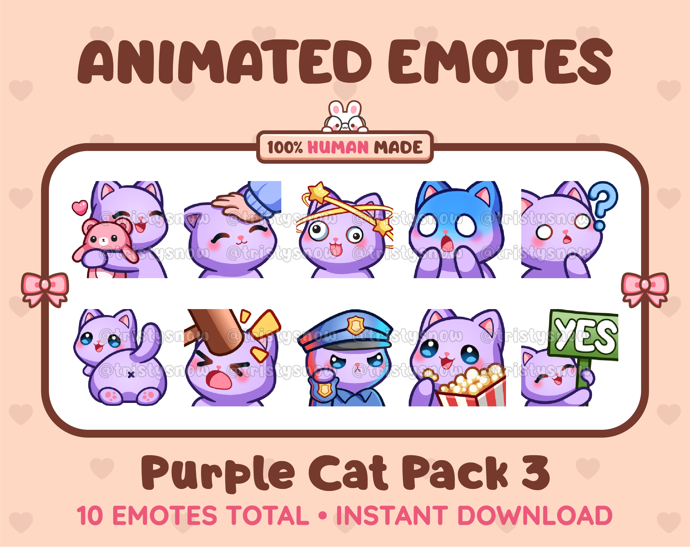 Purple Cat animated Twitch emote pack featuring 10 emotes including hug, scared, bonk, and popcorn.