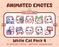 White Cat animated Twitch emote pack featuring 10 emotes including cozy, sus, panic, and shrug.