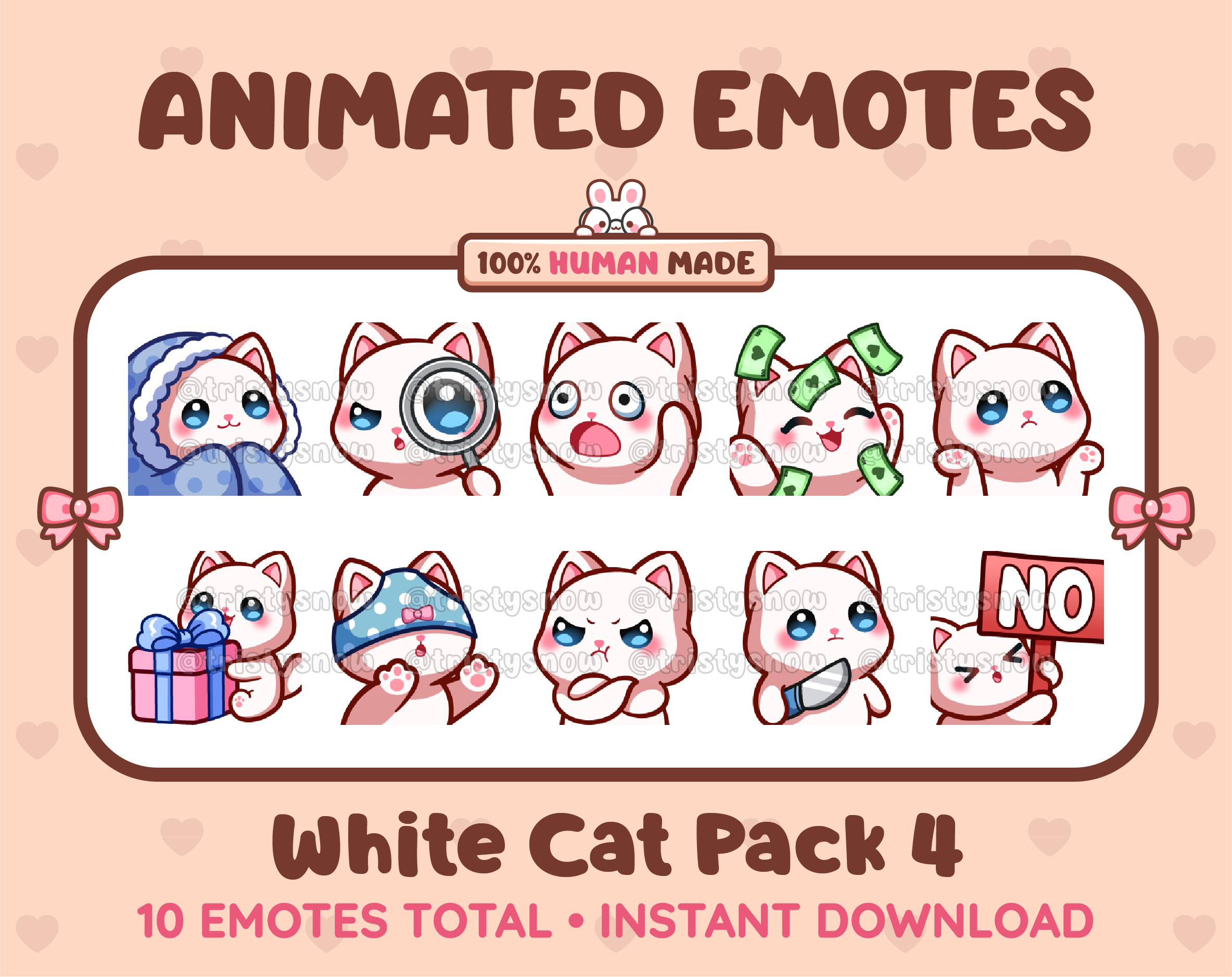 White Cat animated Twitch emote pack featuring 10 emotes including cozy, sus, panic, and shrug.