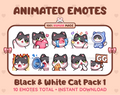 Black & White Cat animated Twitch emote pack featuring 10 emotes including GG, angry, cry, and hype.