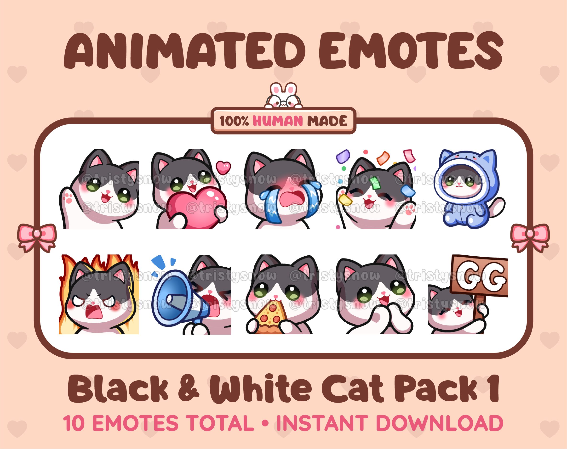 Black & White Cat animated Twitch emote pack featuring 10 emotes including GG, angry, cry, and hype.