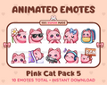 Pink Cat animated Twitch emote pack featuring 10 emotes including flower, cool, plead, and lurk.
