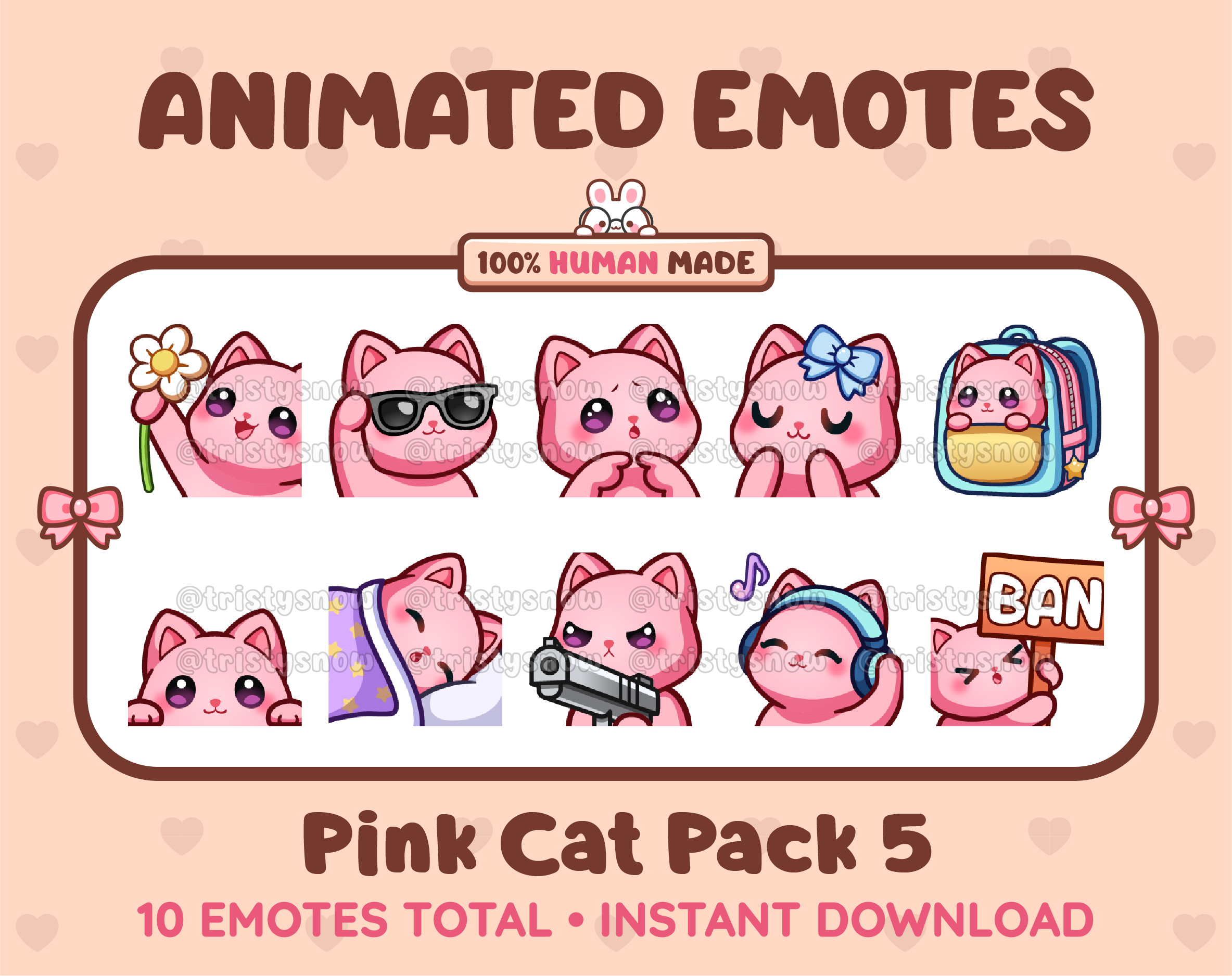 Pink Cat animated Twitch emote pack featuring 10 emotes including flower, cool, plead, and lurk.