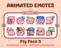 Pig animated Twitch emote pack featuring 10 emotes including hug, scared, bonk, and popcorn.