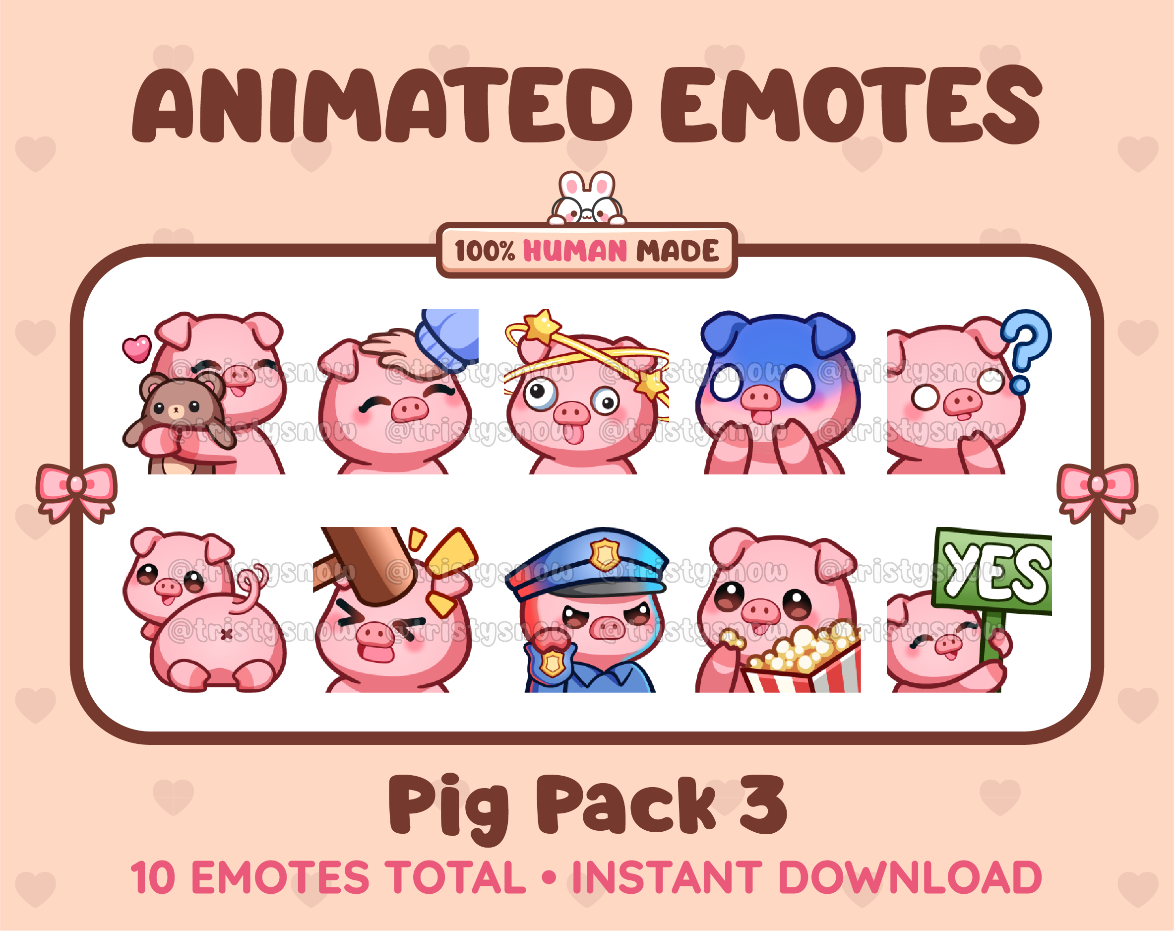 Pig animated Twitch emote pack featuring 10 emotes including hug, scared, bonk, and popcorn.