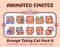 Orange Tabby Cat animated Twitch emote pack featuring 10 emotes including cozy, sus, panic, and shrug.
