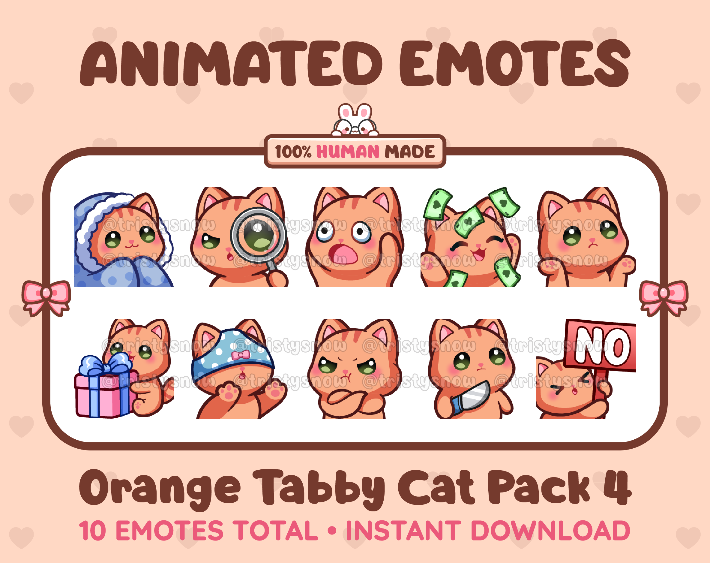 Orange Tabby Cat animated Twitch emote pack featuring 10 emotes including cozy, sus, panic, and shrug.