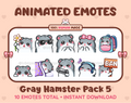 Gray Hamster animated Twitch emote pack featuring 10 emotes including flower, cool, plead, and lurk.