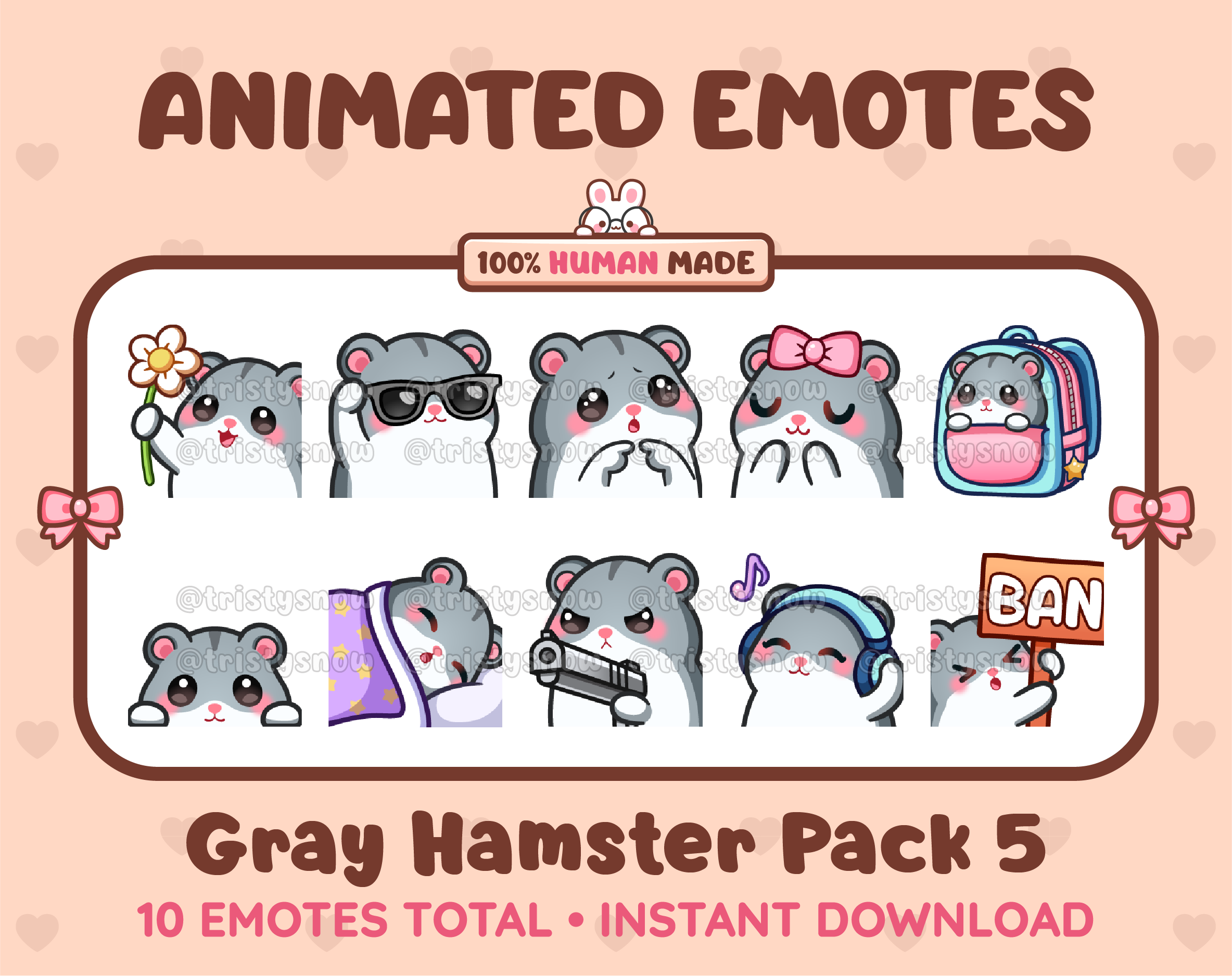 Gray Hamster animated Twitch emote pack featuring 10 emotes including flower, cool, plead, and lurk.