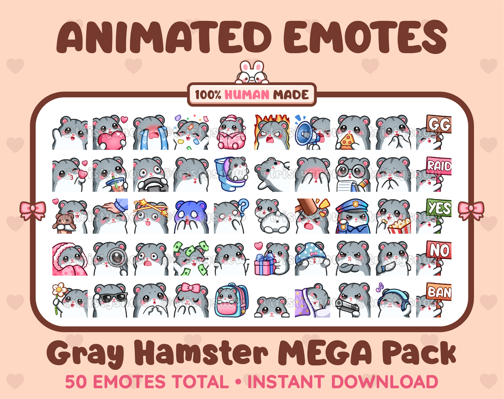 Gray Hamster animated Twitch emote mega pack featuring 50 emotes including hype, kiss, raid, and lurk.