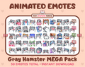Gray Hamster animated Twitch emote mega pack featuring 50 emotes including hype, kiss, raid, and lurk.