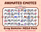 Gray Hamster animated Twitch emote mega pack featuring 50 emotes including hype, kiss, raid, and lurk.