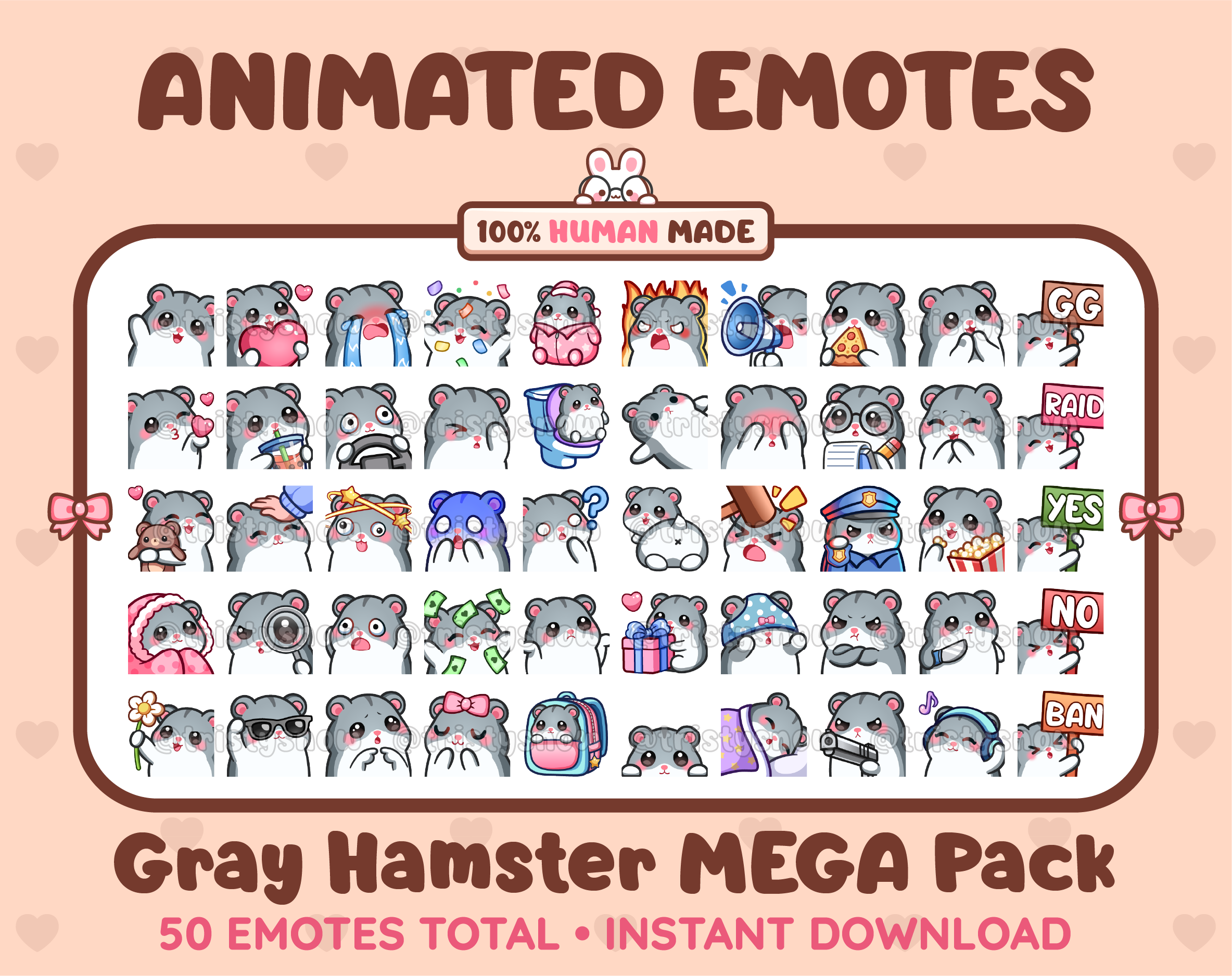 Gray Hamster animated Twitch emote mega pack featuring 50 emotes including hype, kiss, raid, and lurk.