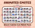 Black & White Cat animated Twitch emote mega pack featuring 50 emotes including hype, kiss, raid, and lurk.