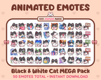 Black & White Cat animated Twitch emote mega pack featuring 50 emotes including hype, kiss, raid, and lurk.