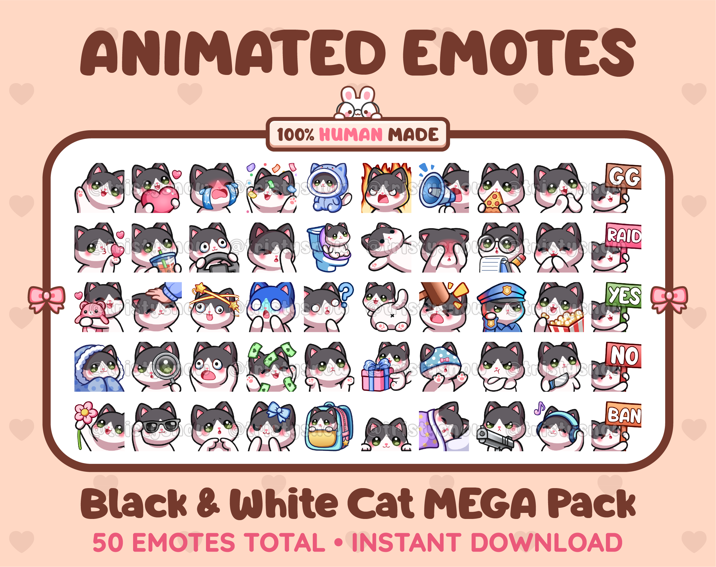 Black & White Cat animated Twitch emote mega pack featuring 50 emotes including hype, kiss, raid, and lurk.
