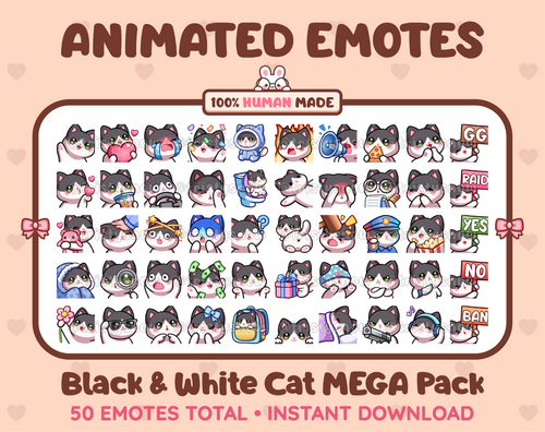 Black & White Cat animated Twitch emote mega pack featuring 50 emotes including hype, kiss, raid, and lurk.