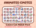 Calico Cat animated Twitch emote mega pack featuring 50 emotes including hype, kiss, raid, and lurk.