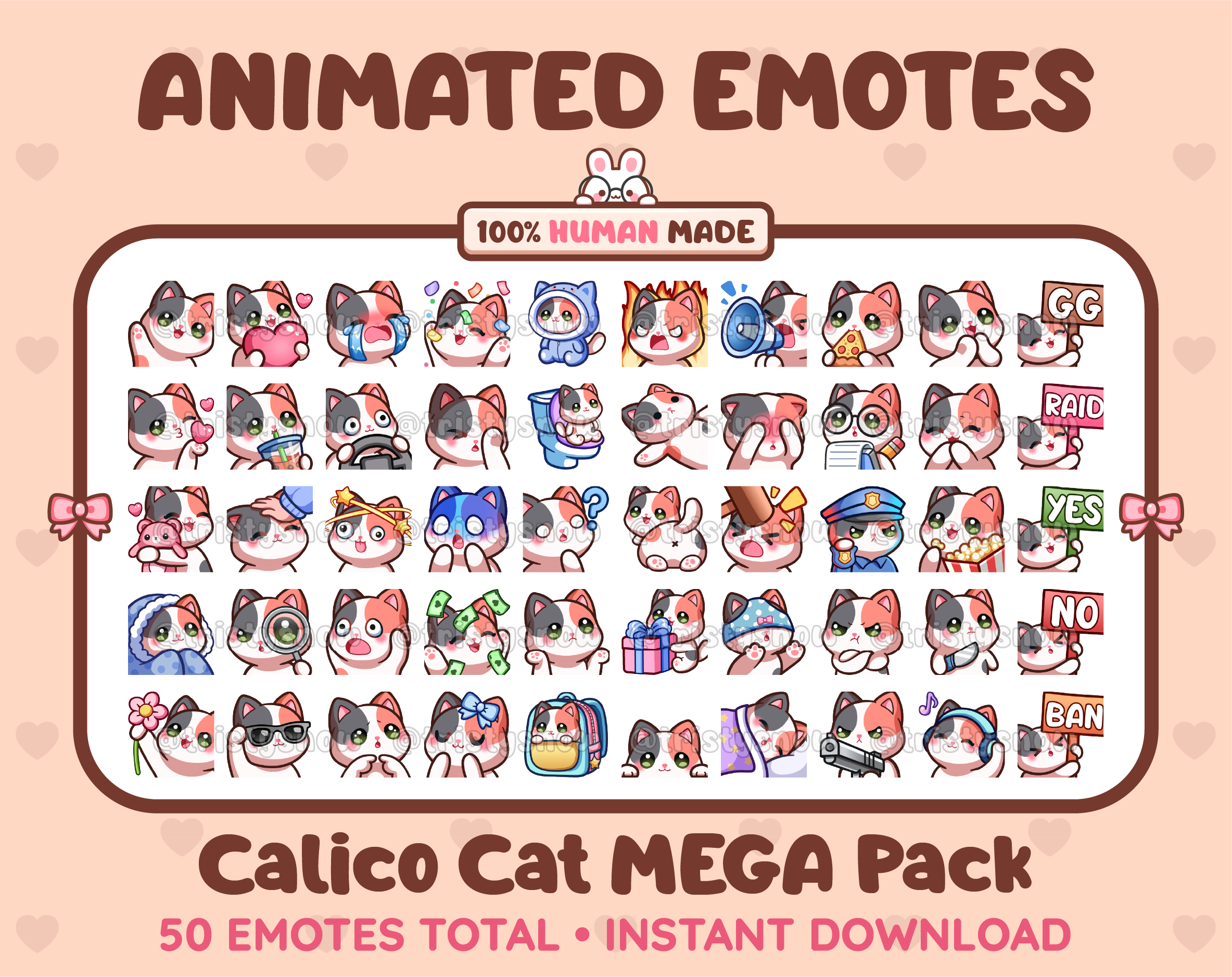 Calico Cat animated Twitch emote mega pack featuring 50 emotes including hype, kiss, raid, and lurk.