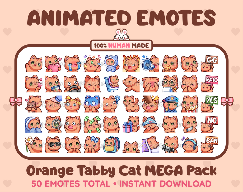 Orange Tabby Cat animated Twitch emote mega pack featuring 50 emotes including hype, kiss, raid, and lurk.