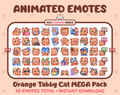 Orange Tabby Cat animated Twitch emote mega pack featuring 50 emotes including hype, kiss, raid, and lurk.