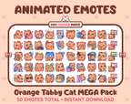 Orange Tabby Cat animated Twitch emote mega pack featuring 50 emotes including hype, kiss, raid, and lurk.