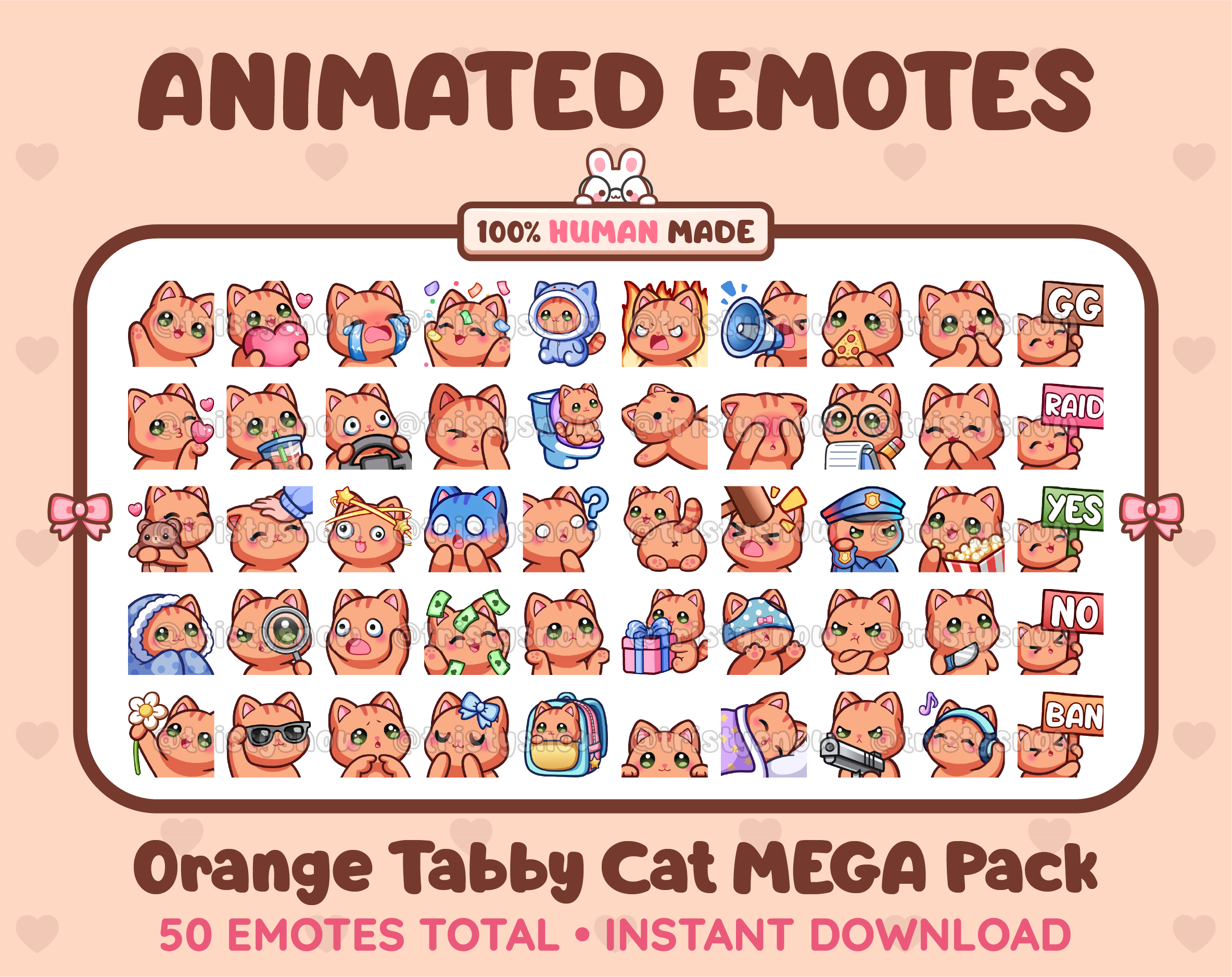 Orange Tabby Cat animated Twitch emote mega pack featuring 50 emotes including hype, kiss, raid, and lurk.