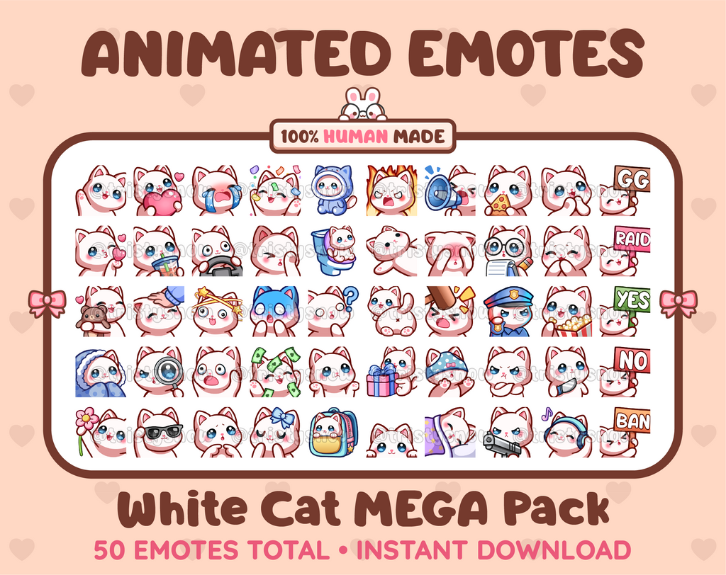 White Cat animated Twitch emote mega pack featuring 50 emotes including hype, kiss, raid, and lurk.