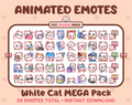 White Cat animated Twitch emote mega pack featuring 50 emotes including hype, kiss, raid, and lurk.
