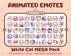 White Cat animated Twitch emote mega pack featuring 50 emotes including hype, kiss, raid, and lurk.