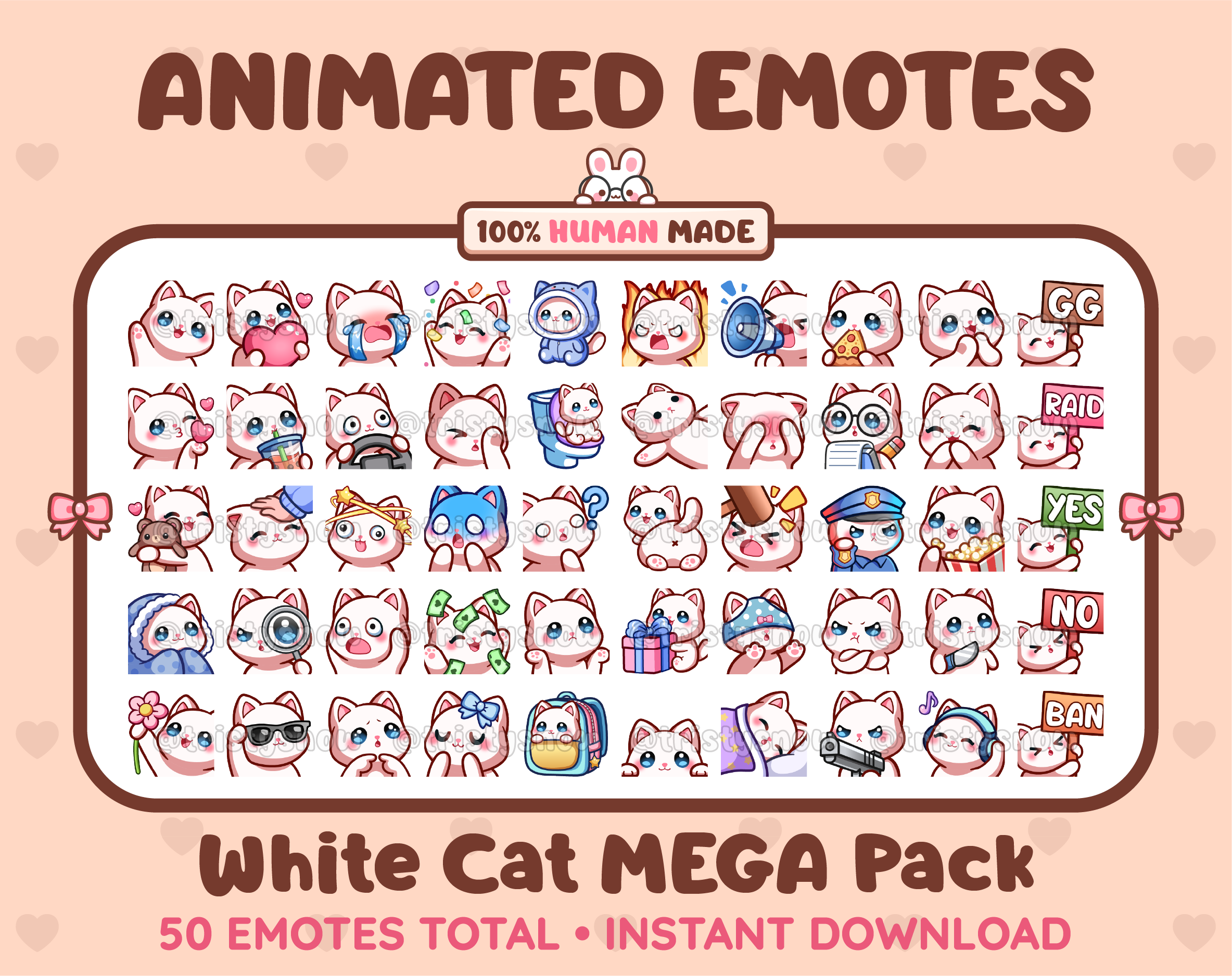 White Cat animated Twitch emote mega pack featuring 50 emotes including hype, kiss, raid, and lurk.