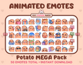 Potato animated Twitch emote mega pack featuring 50 emotes including hype, kiss, raid, and lurk.