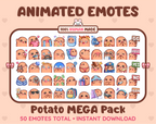 Potato animated Twitch emote mega pack featuring 50 emotes including hype, kiss, raid, and lurk.