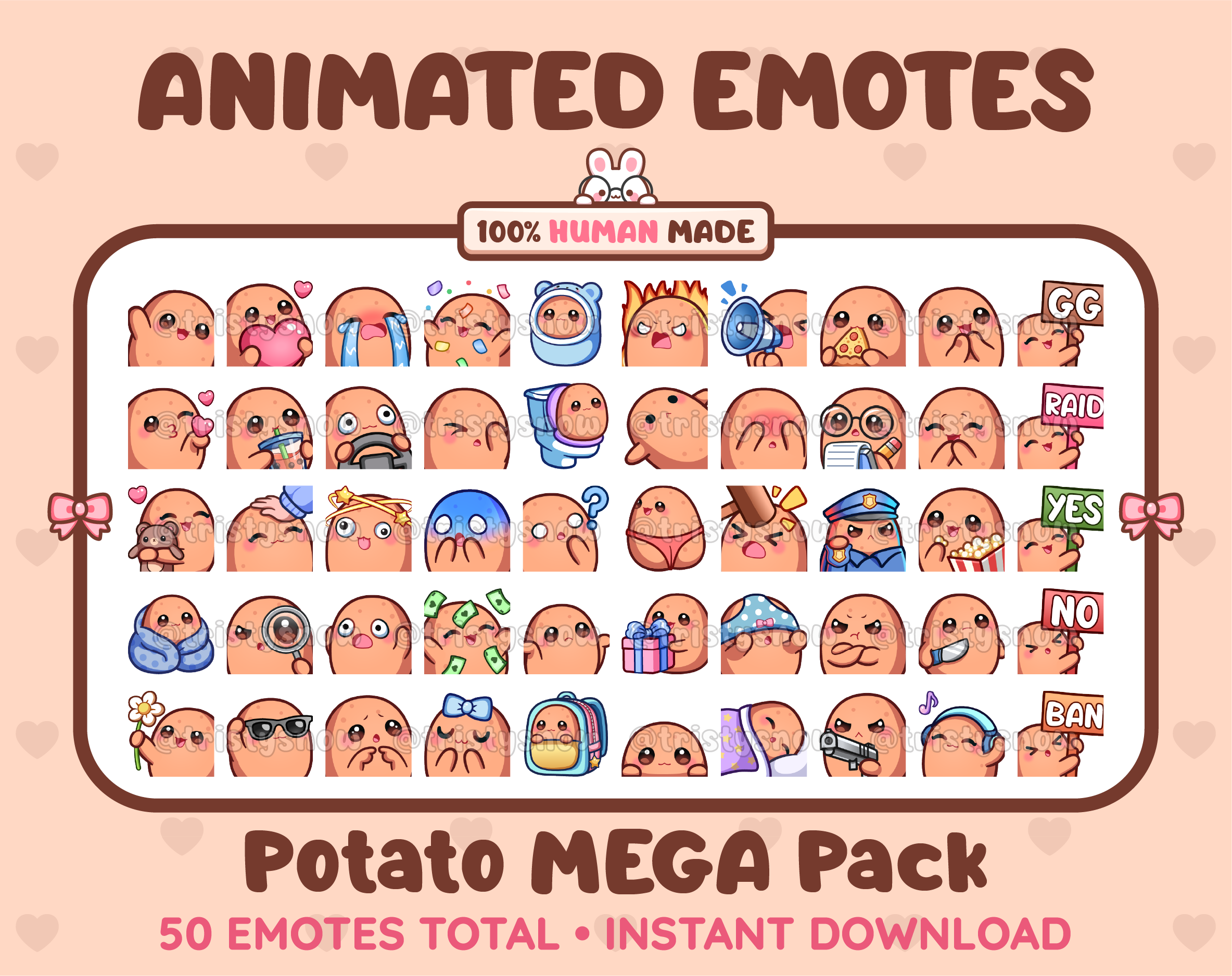 Potato animated Twitch emote mega pack featuring 50 emotes including hype, kiss, raid, and lurk.